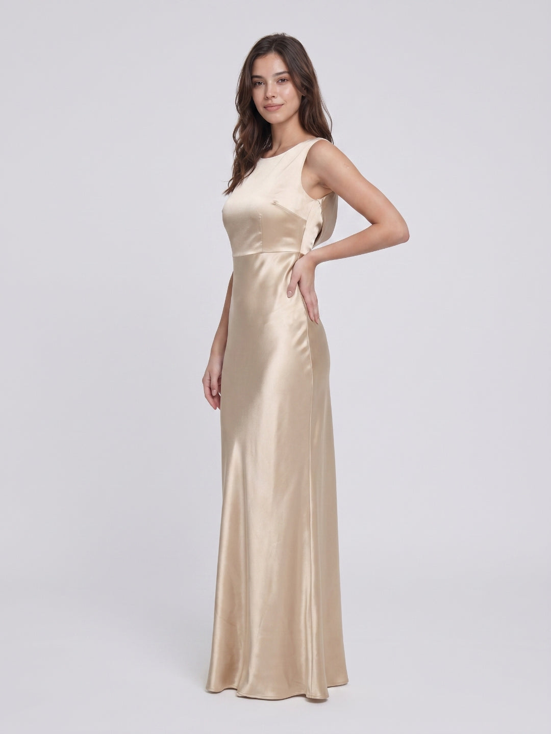 Sand Satin Sheath Scoop Neck Backless Floor-Length Bridesmaid Dress - Curvevia