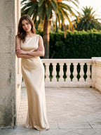 Sand Satin Sheath Scoop Neck Backless Floor-Length Bridesmaid Dress - Curvevia