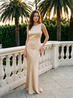 Sand Satin Sheath Scoop Neck Backless Floor-Length Bridesmaid Dress - Curvevia