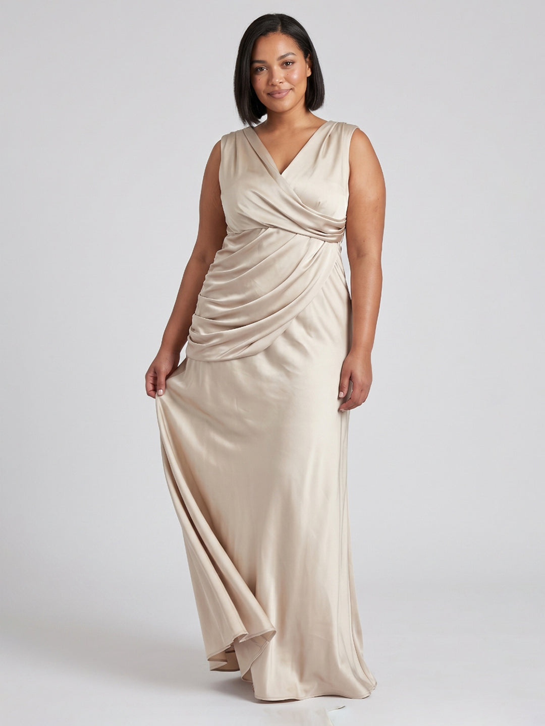 Sand Satin Sheath V-Neck Back Zip Floor-Length Plus Size Bridesmaid Dress - Curvevia