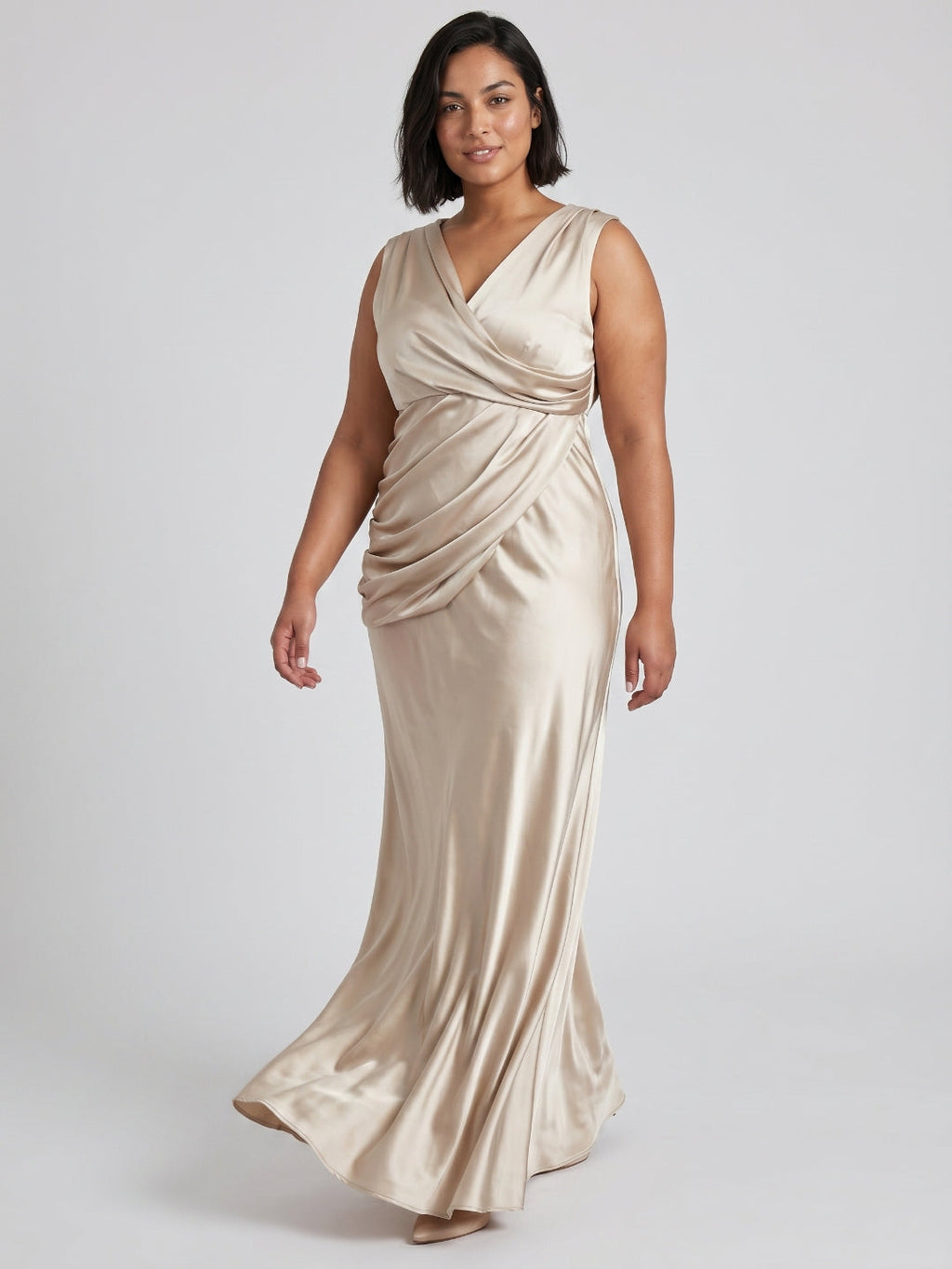 Sand Satin Sheath V-Neck Back Zip Floor-Length Plus Size Bridesmaid Dress - Curvevia