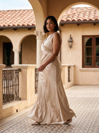 Sand Satin Sheath V-Neck Back Zip Floor-Length Plus Size Bridesmaid Dress - Curvevia