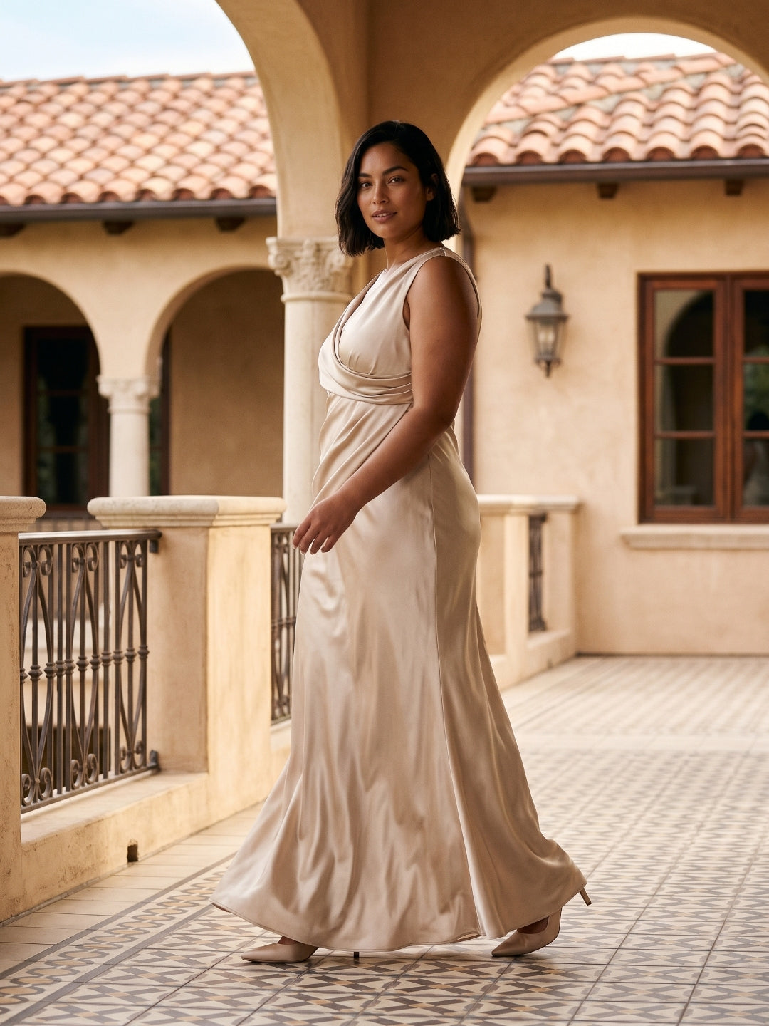 Sand Satin Sheath V-Neck Back Zip Floor-Length Plus Size Bridesmaid Dress - Curvevia