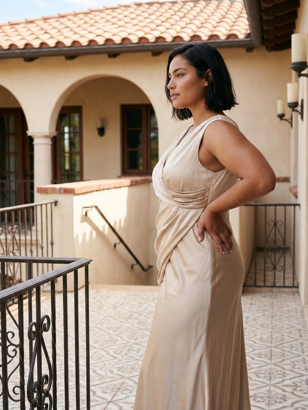 Sand Satin Sheath V-Neck Back Zip Floor-Length Plus Size Bridesmaid Dress - Curvevia