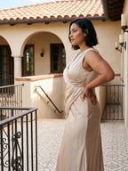 Sand Satin Sheath V-Neck Back Zip Floor-Length Plus Size Bridesmaid Dress - Curvevia