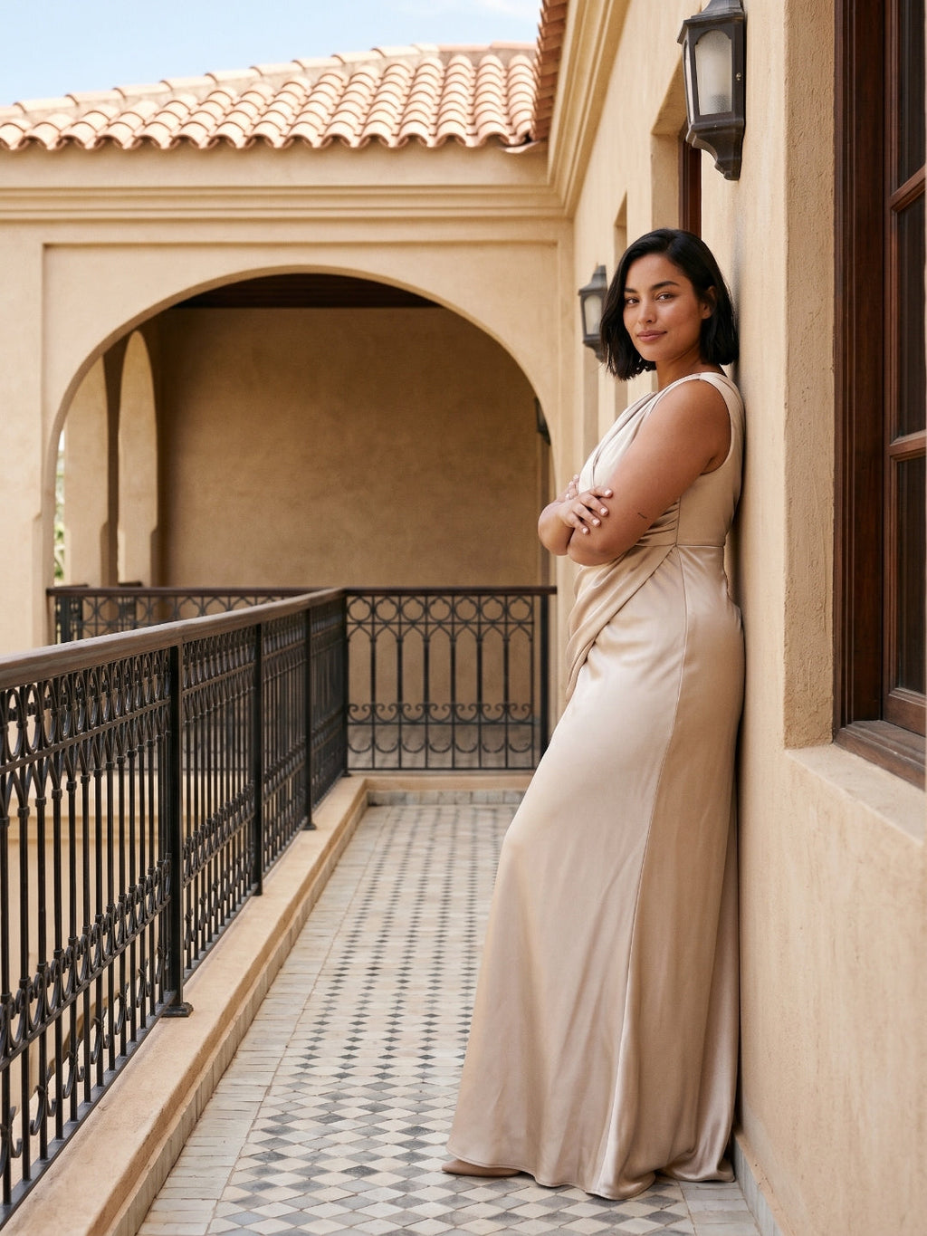 Sand Satin Sheath V-Neck Back Zip Floor-Length Plus Size Bridesmaid Dress - Curvevia