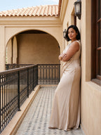 Sand Satin Sheath V-Neck Back Zip Floor-Length Plus Size Bridesmaid Dress - Curvevia