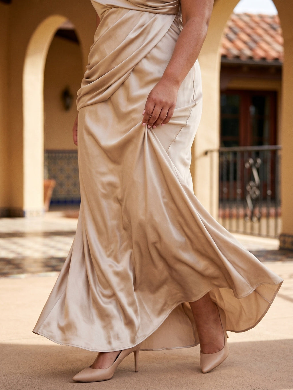Sand Satin Sheath V-Neck Back Zip Floor-Length Plus Size Bridesmaid Dress - Curvevia
