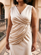 Sand Satin Sheath V-Neck Back Zip Floor-Length Plus Size Bridesmaid Dress - Curvevia