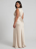 Sand Satin Sheath V-Neck Back Zip Floor-Length Plus Size Bridesmaid Dress - Curvevia