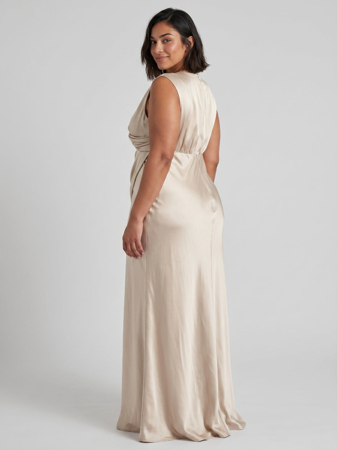 Sand Satin Sheath V-Neck Back Zip Floor-Length Plus Size Bridesmaid Dress - Curvevia
