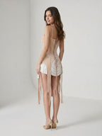 Sand Satin Sheath V-Neck Backless Short Homecoming Dress with Pleating - Curvevia