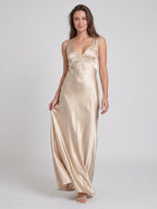 Sand Satin Sheath V-Neck V-Back Floor-Length Bridesmaid Dress - Curvevia