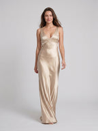 Sand Satin Sheath V-Neck V-Back Floor-Length Bridesmaid Dress - Curvevia