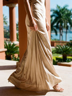 Sand Satin Sheath V-Neck V-Back Floor-Length Bridesmaid Dress - Curvevia
