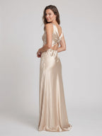Sand Satin Sheath V-Neck V-Back Floor-Length Bridesmaid Dress - Curvevia