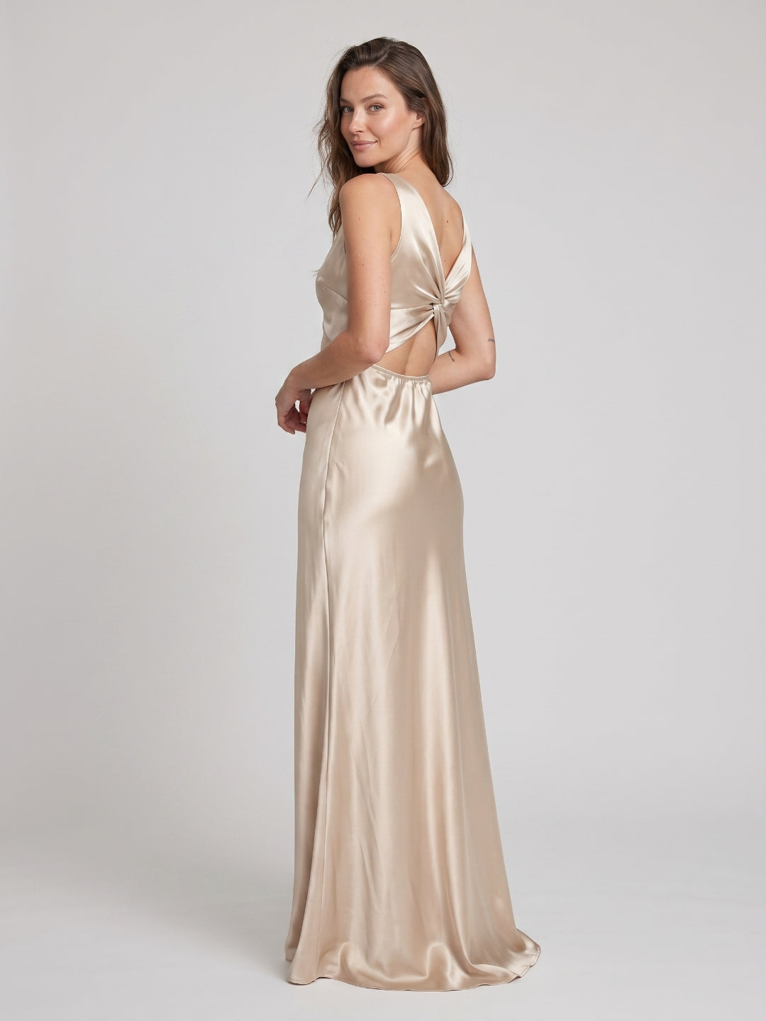 Sand Satin Sheath V-Neck V-Back Floor-Length Bridesmaid Dress - Curvevia