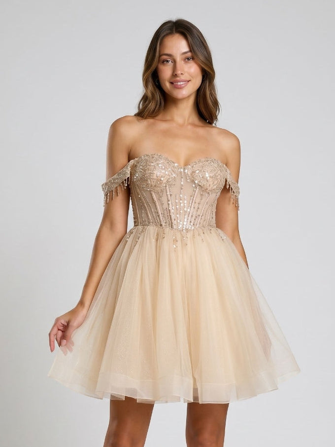 Sand Tulle A-Line Off-the-Shoulder Criss-Cross Straps Short Homecoming Dress with Sequins - Curvevia