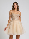 Sand Tulle A-Line Off-the-Shoulder Criss-Cross Straps Short Homecoming Dress with Sequins - Curvevia