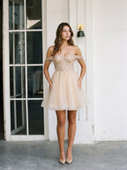 Sand Tulle A-Line Off-the-Shoulder Criss-Cross Straps Short Homecoming Dress with Sequins - Curvevia