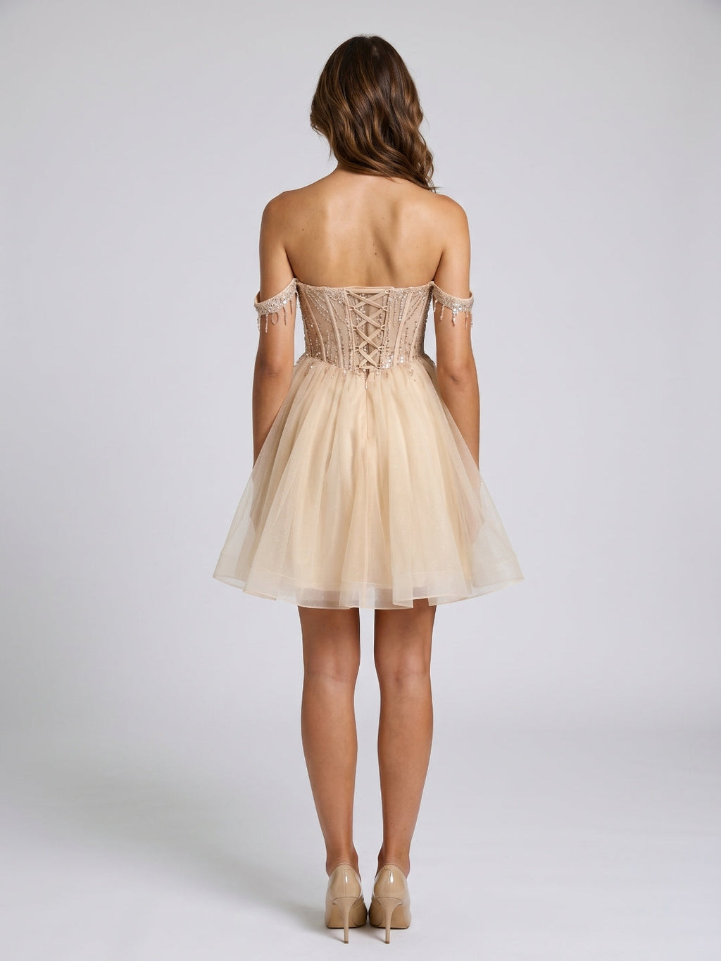 Sand Tulle A-Line Off-the-Shoulder Criss-Cross Straps Short Homecoming Dress with Sequins - Curvevia