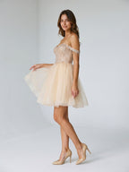 Sand Tulle A-Line Off-the-Shoulder Criss-Cross Straps Short Homecoming Dress with Sequins - Curvevia