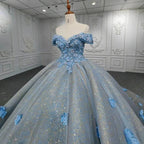 Quinceanera Blue  Off-the-Shoulder  Ball Gown Flower Dress - Curvevia