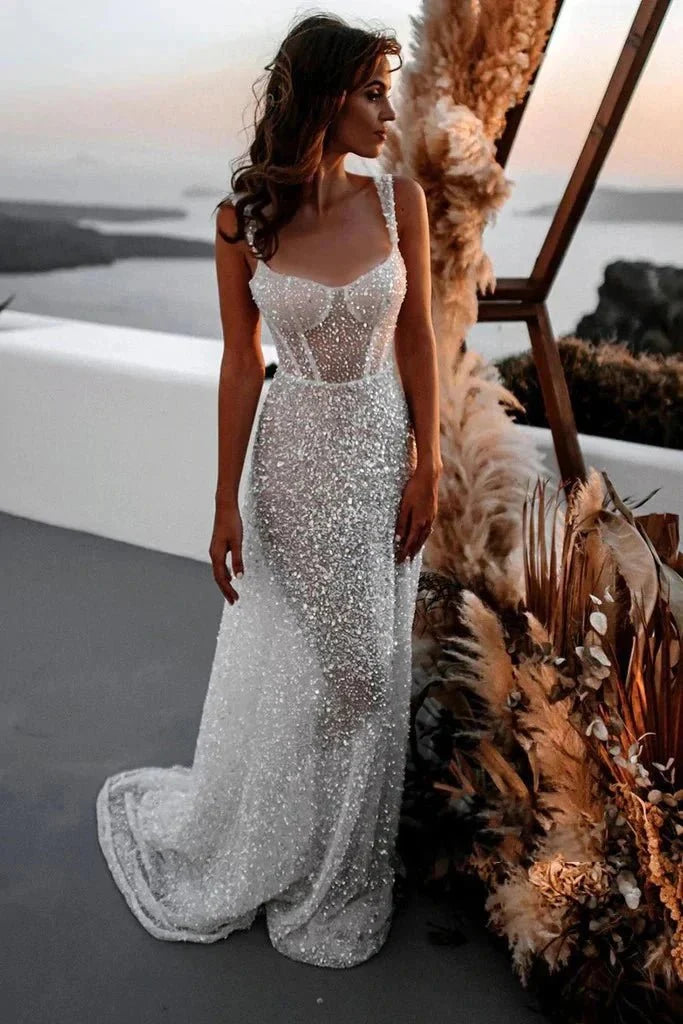 Sparkly A Line Sweetheart Mermaid Sequins Wedding Dresses - Curvevia