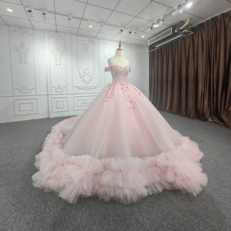 Quinceanera Ball Gown  Off-the-Shoulder  Sequined Pink Dress - Curvevia