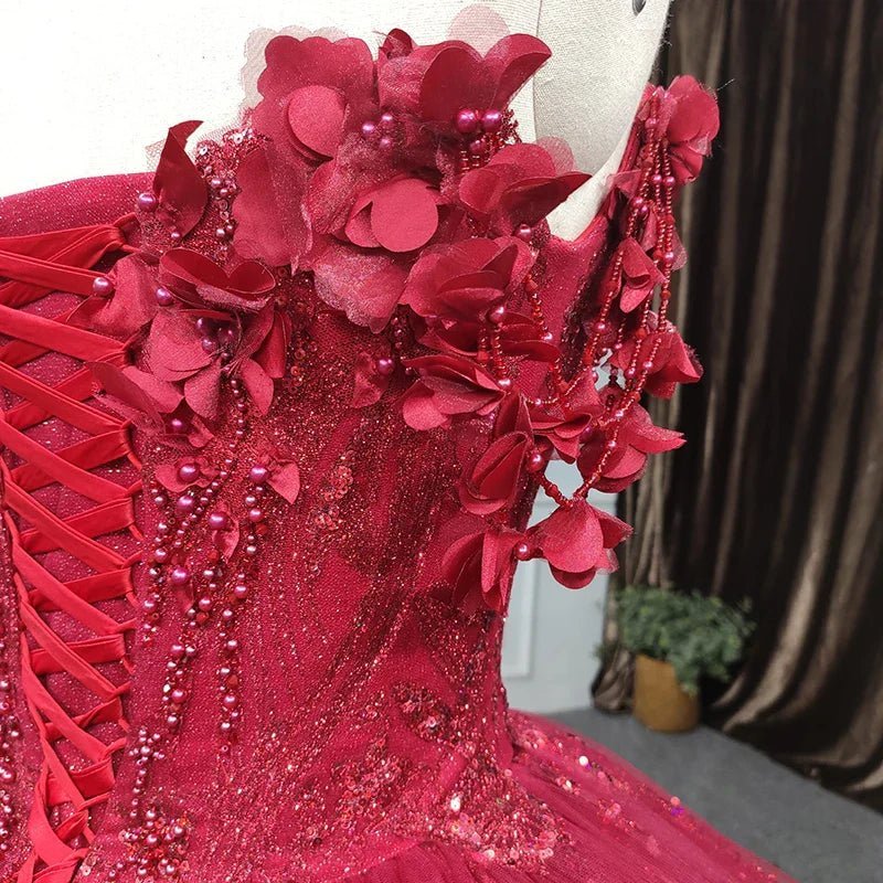 Red Quinceanera Dress Ball Gown Sequined Flowers - Curvevia