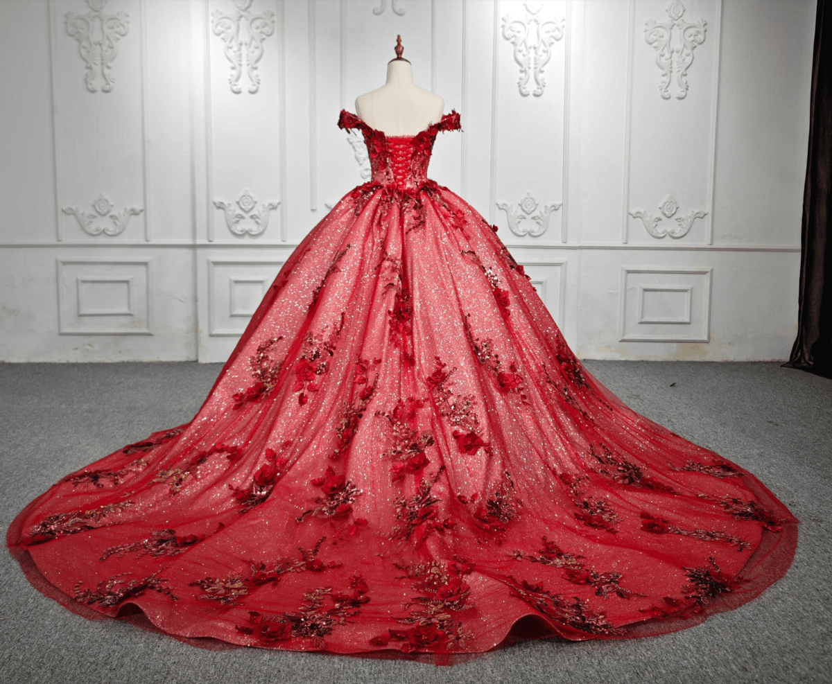Red Flower  Off-the-Shoulder Quinceañera Dress - Curvevia