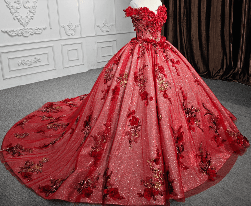 Red Flower  Off-the-Shoulder Quinceañera Dress - Curvevia