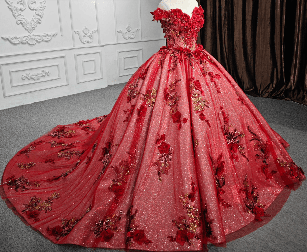 Red Flower  Off-the-Shoulder Quinceañera Dress - Curvevia