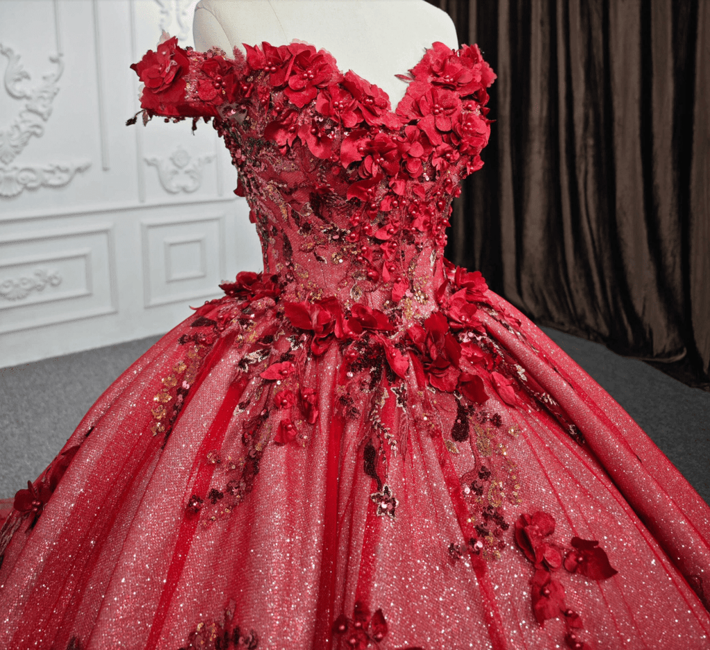 Red Flower  Off-the-Shoulder Quinceañera Dress - Curvevia