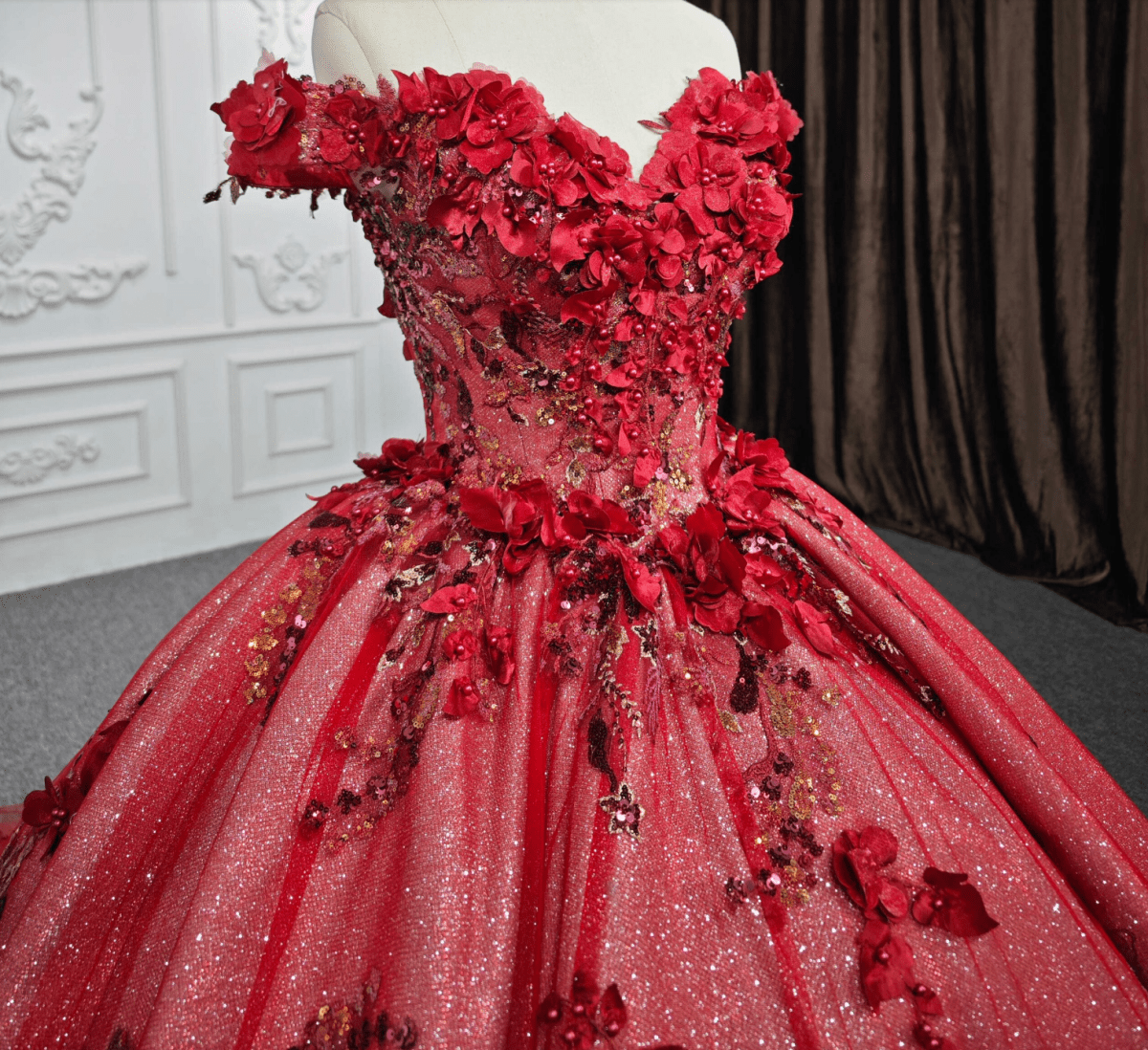 Red Flower  Off-the-Shoulder Quinceañera Dress - Curvevia