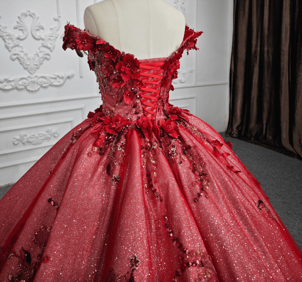 Red Flower  Off-the-Shoulder Quinceañera Dress - Curvevia