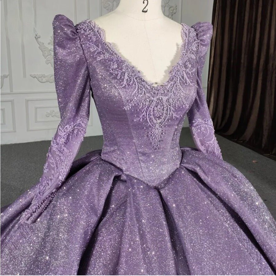 Purple Long Sleeve Full Gather Skirt A Line Party Ball Gown - Curvevia