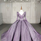 Purple Long Sleeve Full Gather Skirt A Line Party Ball Gown - Curvevia