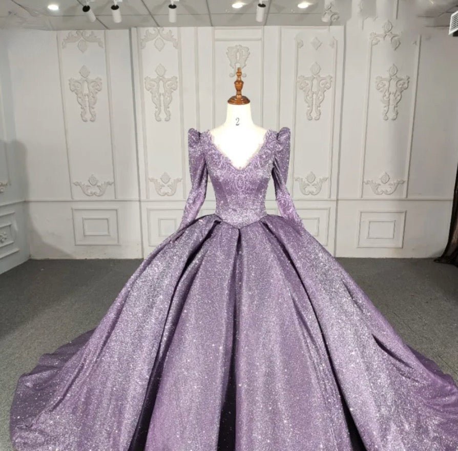 Purple Long Sleeve Full Gather Skirt A Line Party Ball Gown - Curvevia