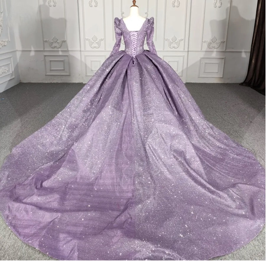 Purple Long Sleeve Full Gather Skirt A Line Party Ball Gown - Curvevia
