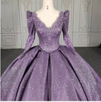 Purple Long Sleeve Full Gather Skirt A Line Party Ball Gown - Curvevia
