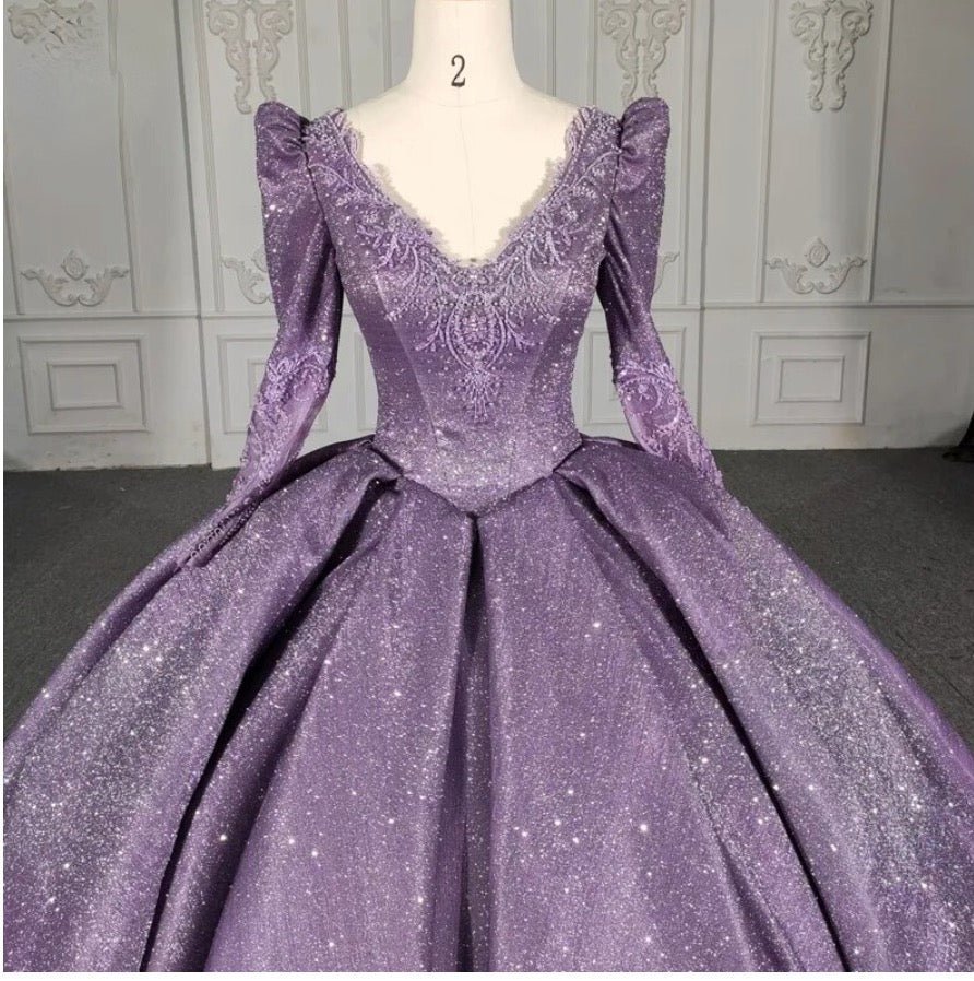 Purple Long Sleeve Full Gather Skirt A Line Party Ball Gown - Curvevia