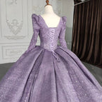 Purple Long Sleeve Full Gather Skirt A Line Party Ball Gown - Curvevia