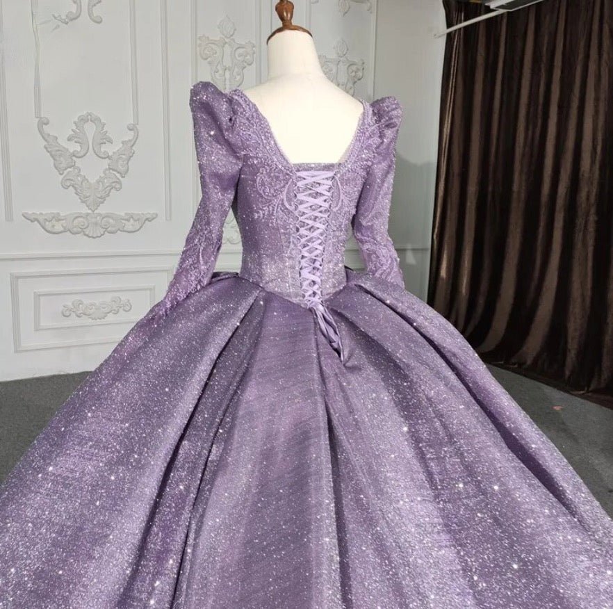 Purple Long Sleeve Full Gather Skirt A Line Party Ball Gown - Curvevia
