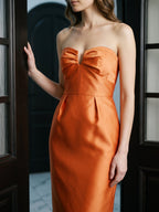 Sculpted Orange Satin Sheath Sweetheart Backless Floor-Length Bridesmaid Dress with Pleats - Curvevia