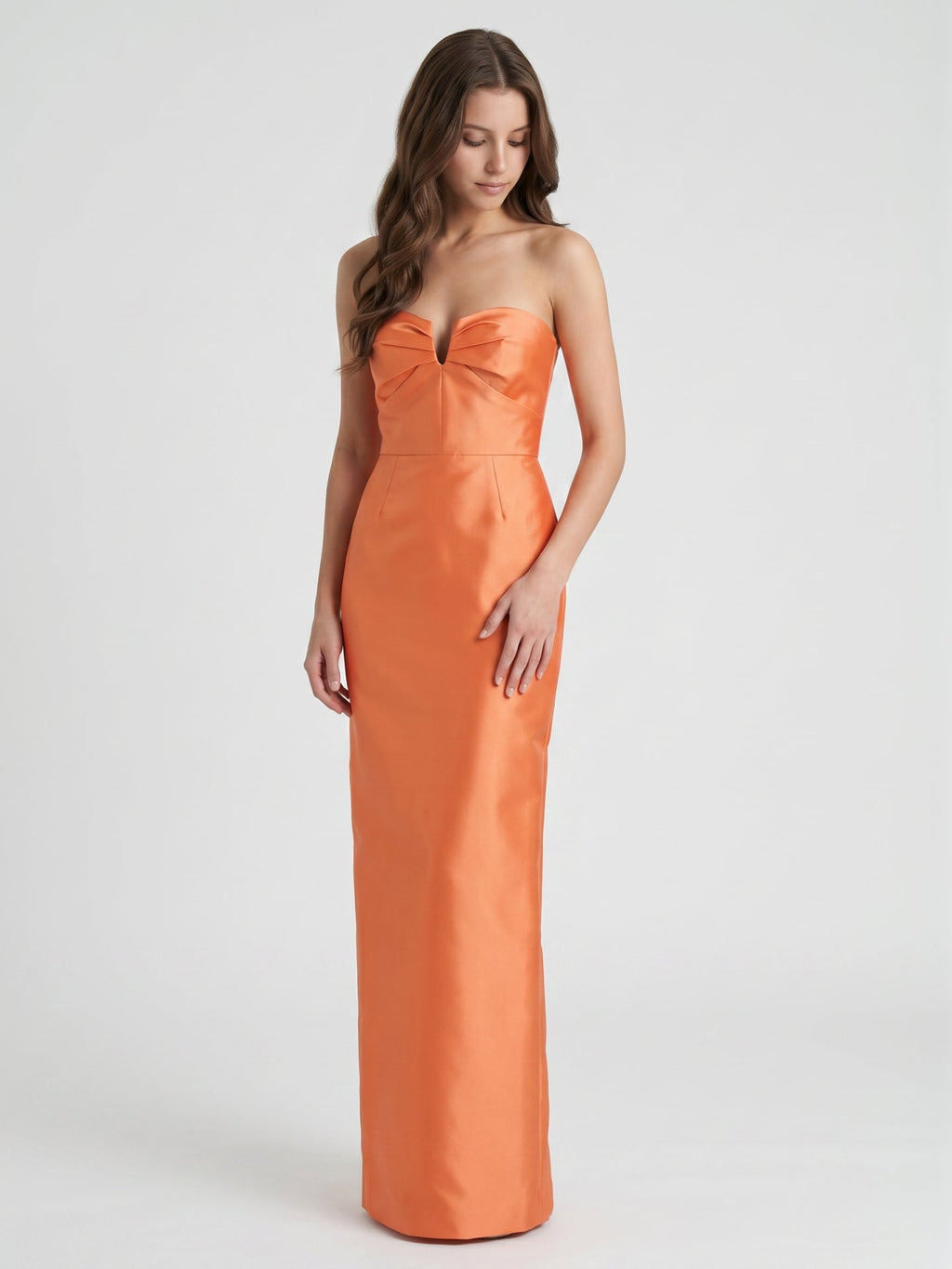 Sculpted Orange Satin Sheath Sweetheart Backless Floor-Length Bridesmaid Dress with Pleats - Curvevia
