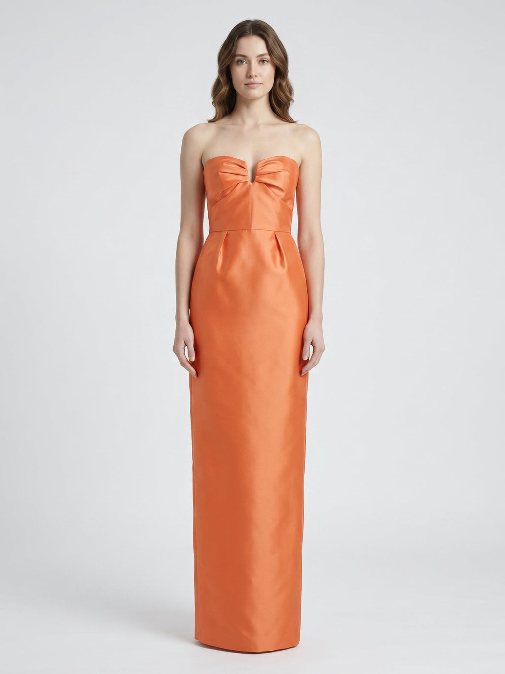 Sculpted Orange Satin Sheath Sweetheart Backless Floor-Length Bridesmaid Dress with Pleats - Curvevia