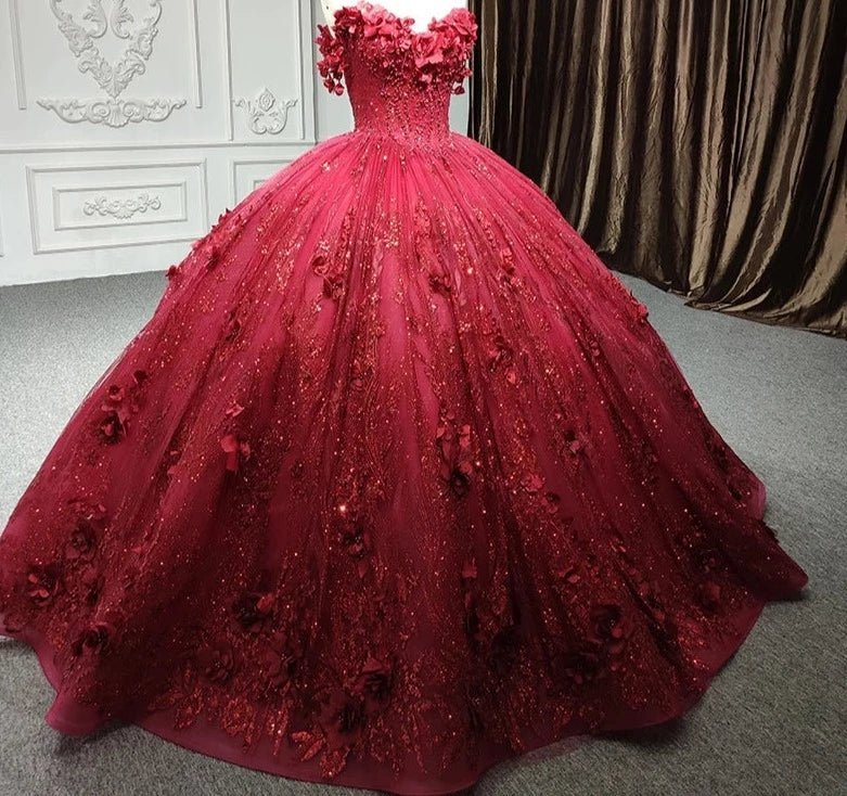 Red Quinceanera Dress Ball Gown Sequined Flowers - Curvevia