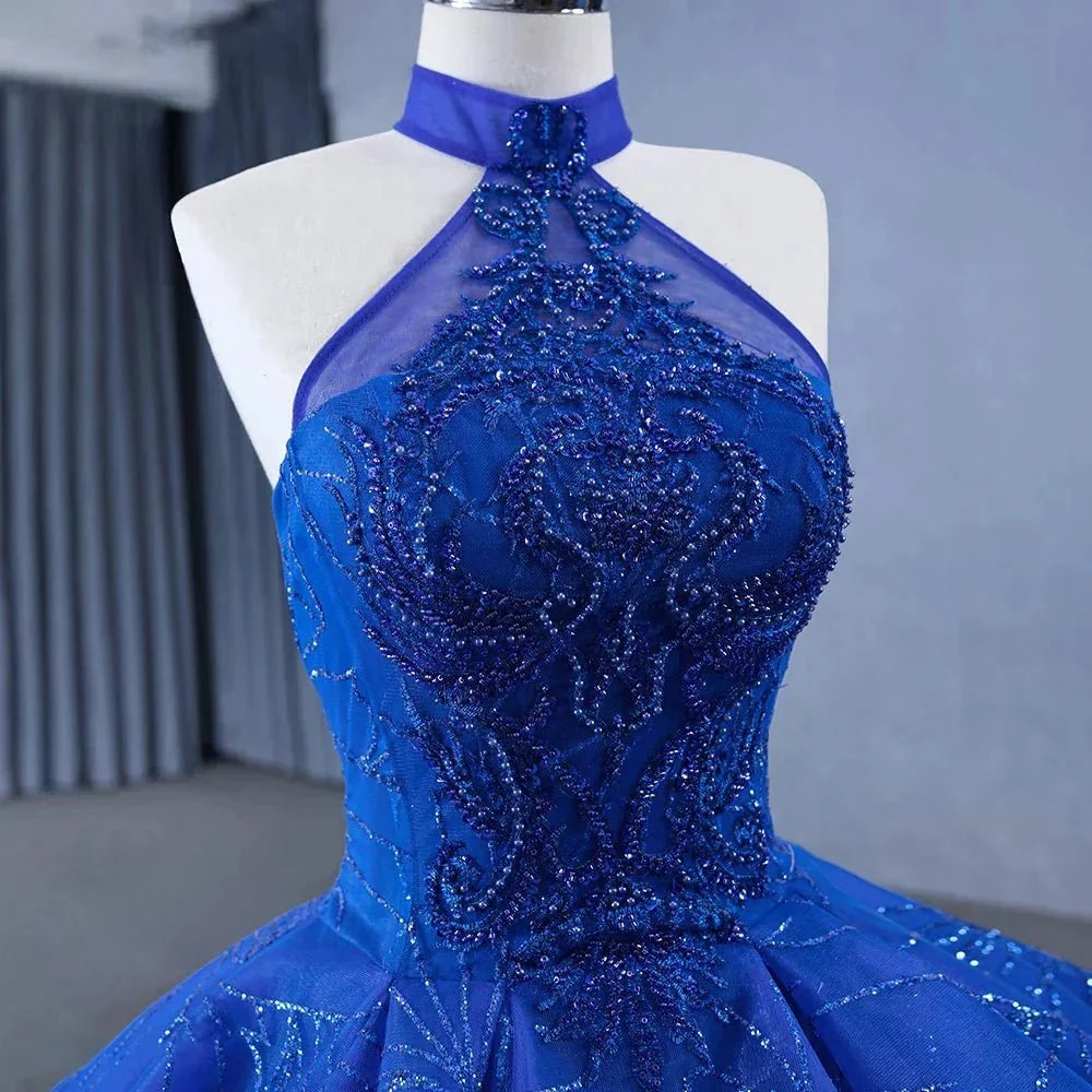 Royal Blue Ball Gown Halter Sleeveless Quinceanera Dress - Curvevia