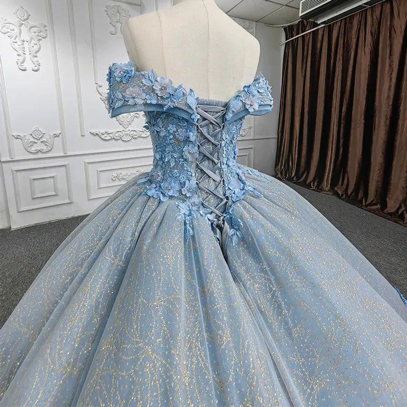 Quinceanera Blue  Off-the-Shoulder  Ball Gown Flower Dress - Curvevia